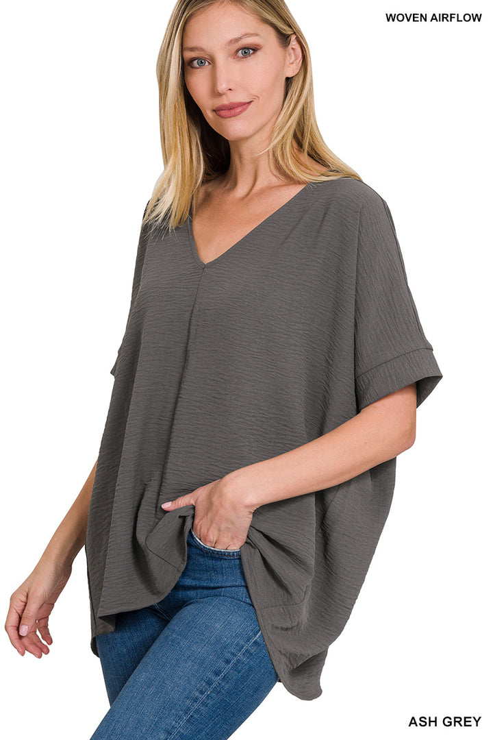 Woven airflow v-neck dolman short sleeve top