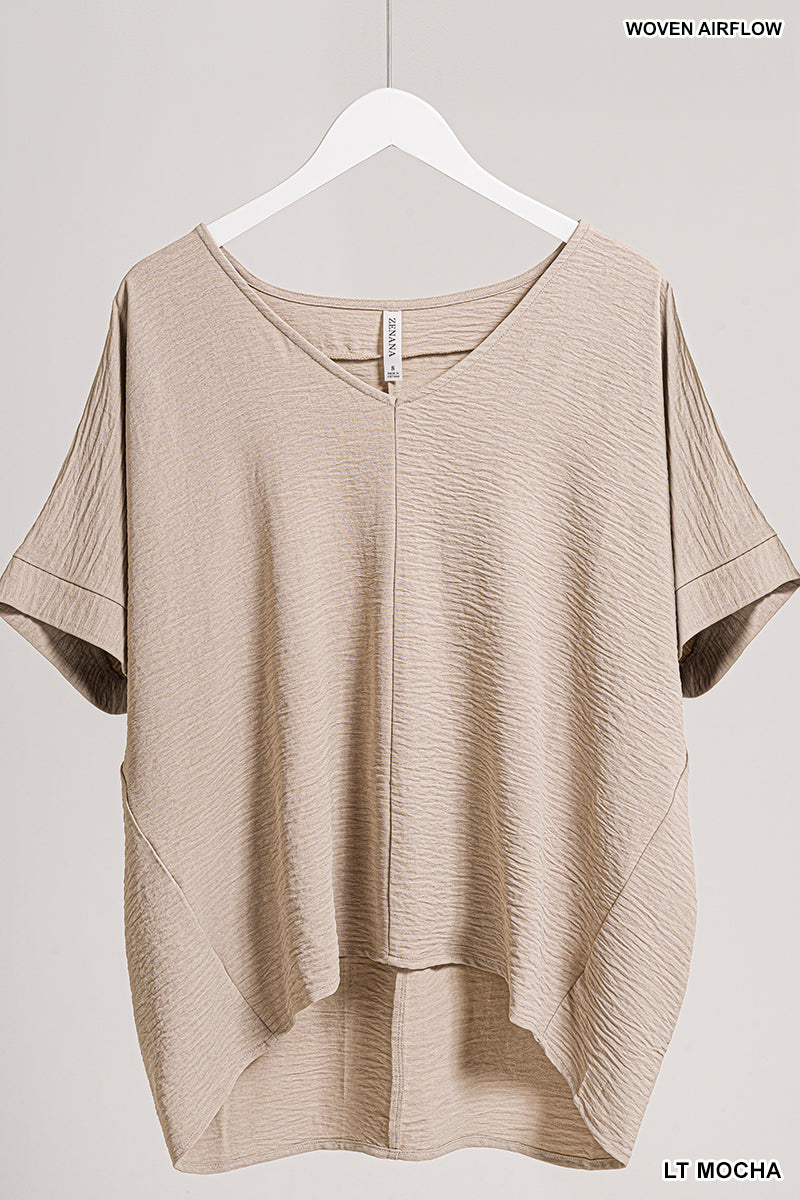 Plus Size woven airflow v-neck dolman short sleeve top