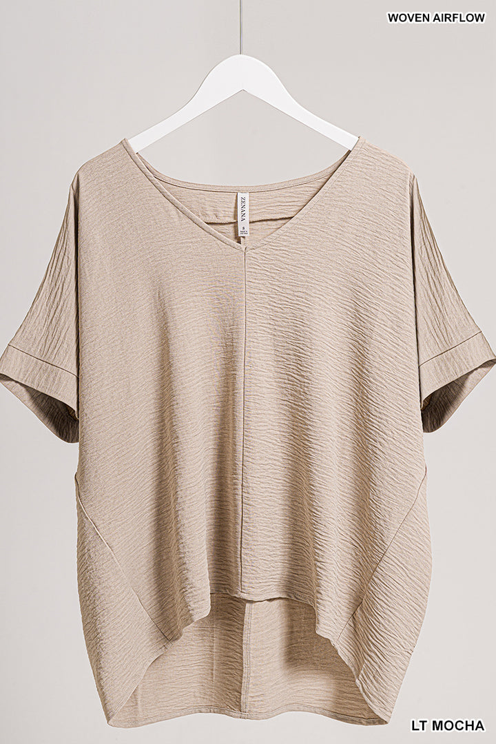 Plus Size woven airflow v-neck dolman short sleeve top
