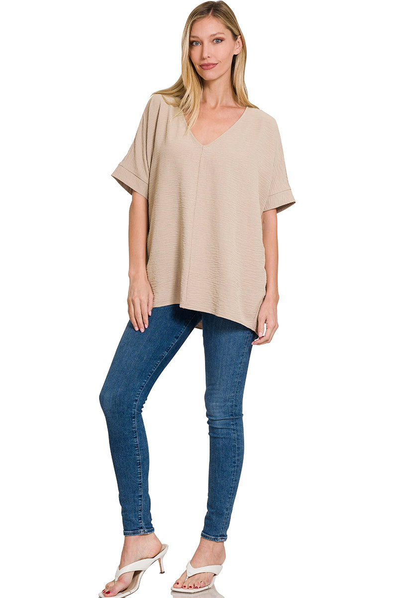 Woven airflow v-neck dolman short sleeve top