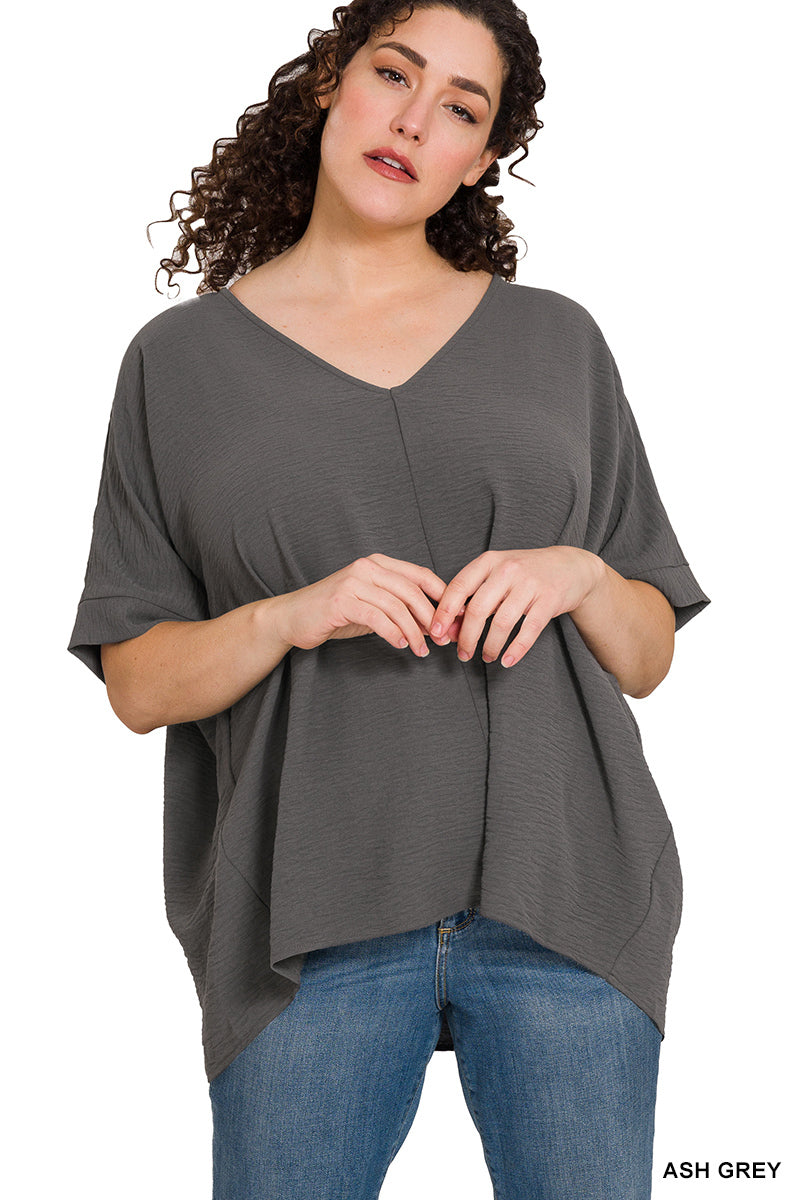 Plus Size woven airflow v-neck dolman short sleeve top