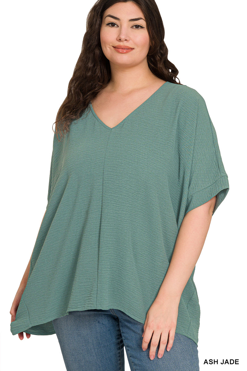 Plus Size woven airflow v-neck dolman short sleeve top