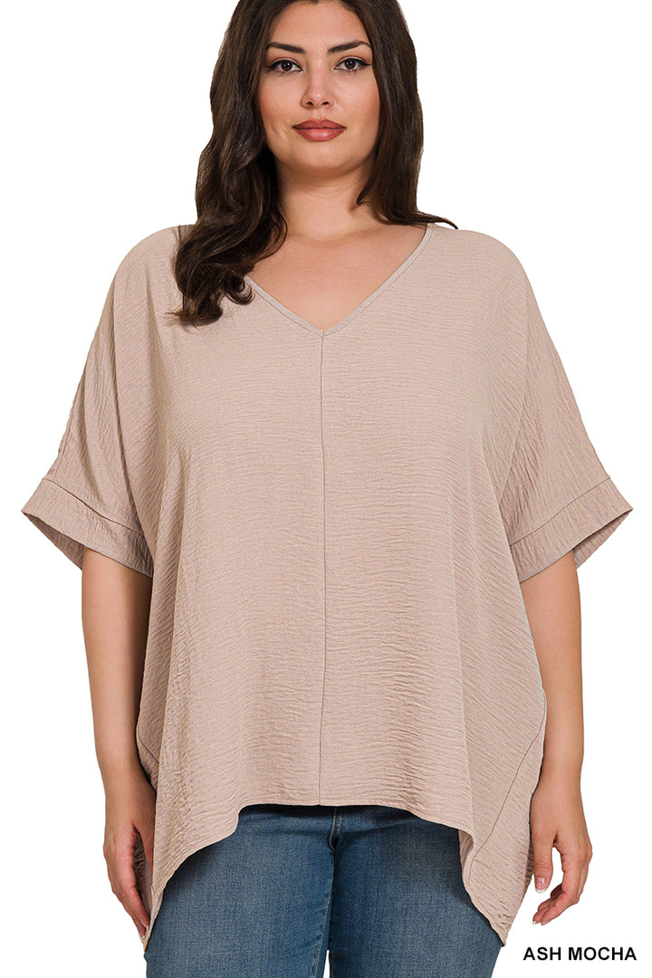 Plus Size woven airflow v-neck dolman short sleeve top