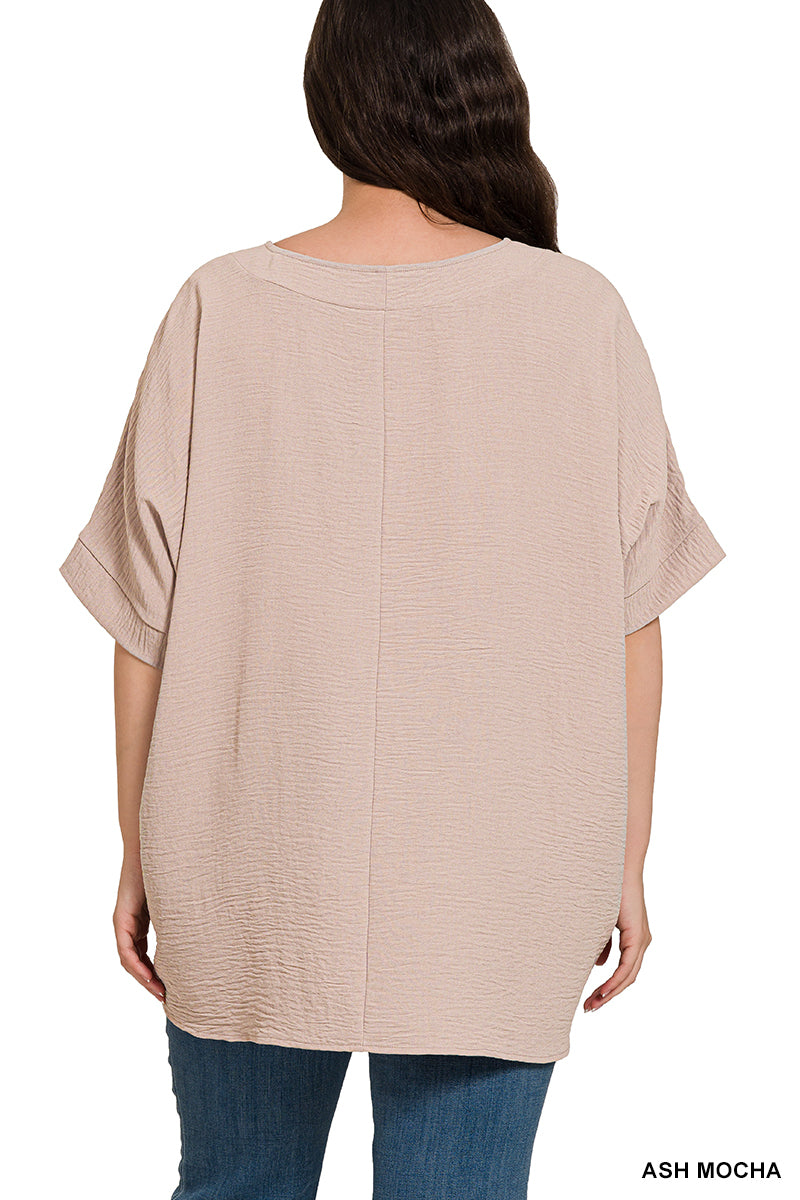 Plus Size woven airflow v-neck dolman short sleeve top