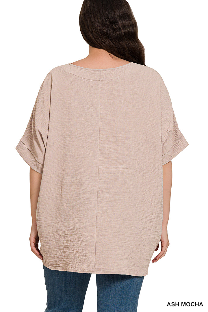 Plus Size woven airflow v-neck dolman short sleeve top