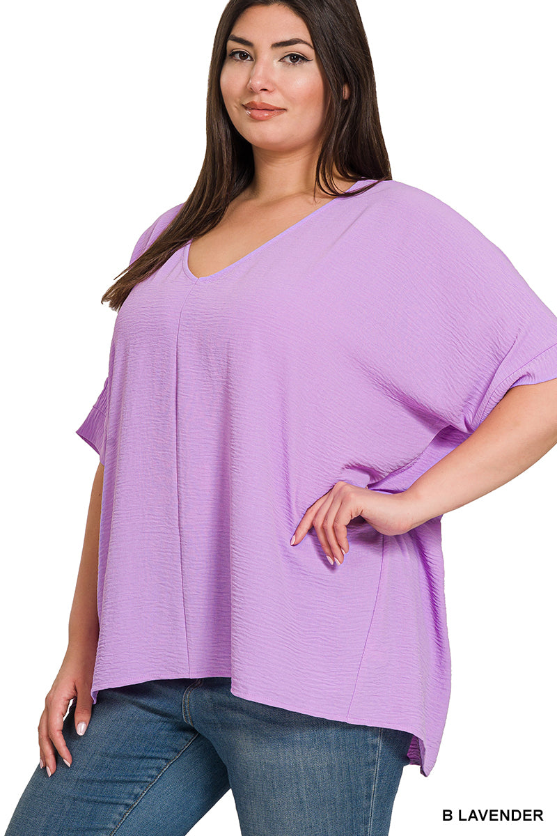 Plus Size woven airflow v-neck dolman short sleeve top
