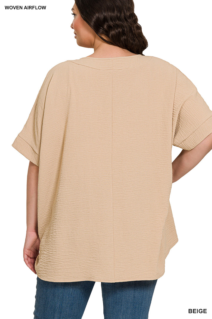 Plus Size woven airflow v-neck dolman short sleeve top