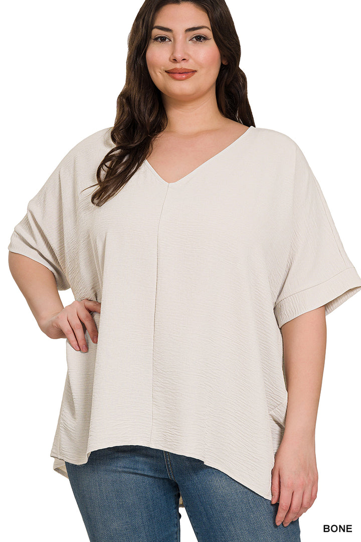 Plus Size woven airflow v-neck dolman short sleeve top