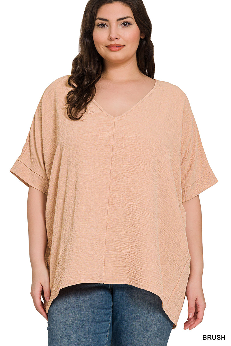 Plus Size woven airflow v-neck dolman short sleeve top