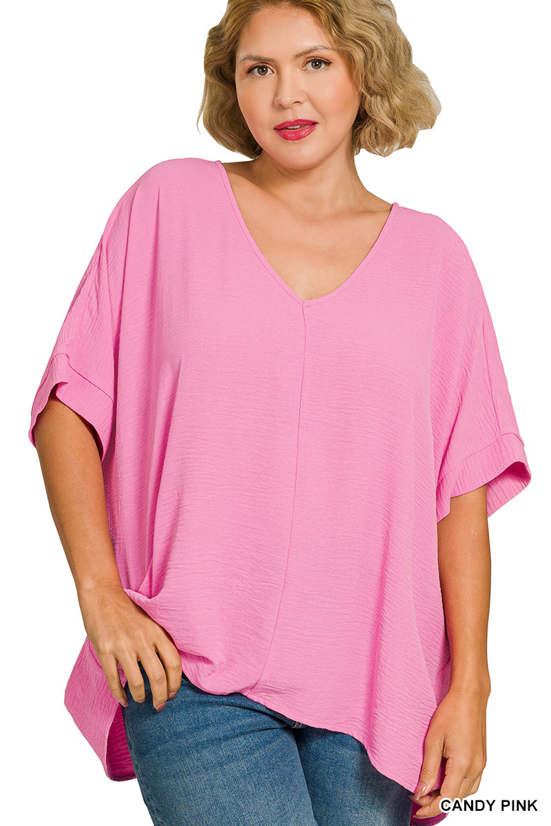 Plus Size woven airflow v-neck dolman short sleeve top