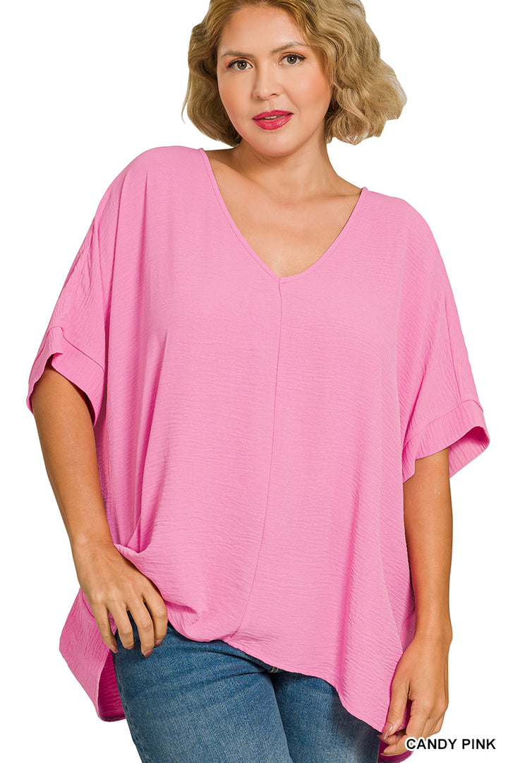 Plus Size woven airflow v-neck dolman short sleeve top