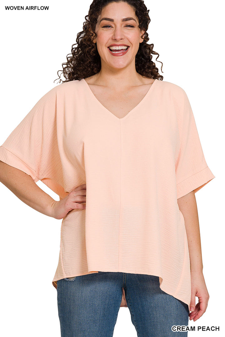 Plus Size woven airflow v-neck dolman short sleeve top