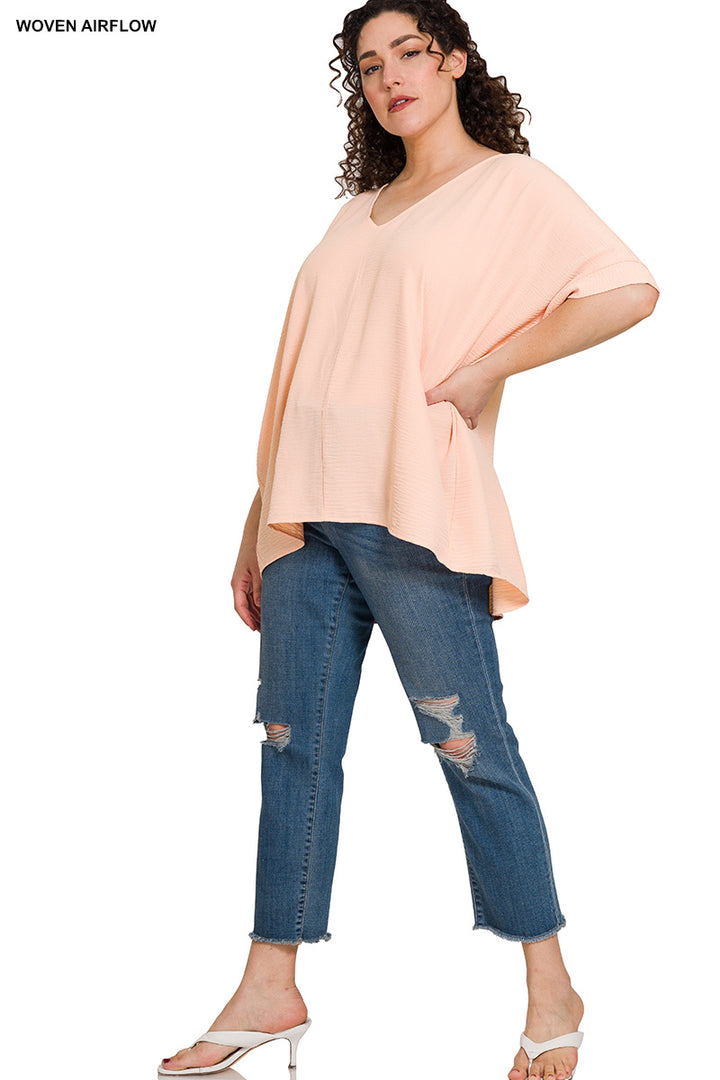 Plus Size woven airflow v-neck dolman short sleeve top