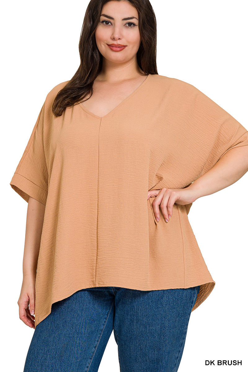 Plus Size woven airflow v-neck dolman short sleeve top