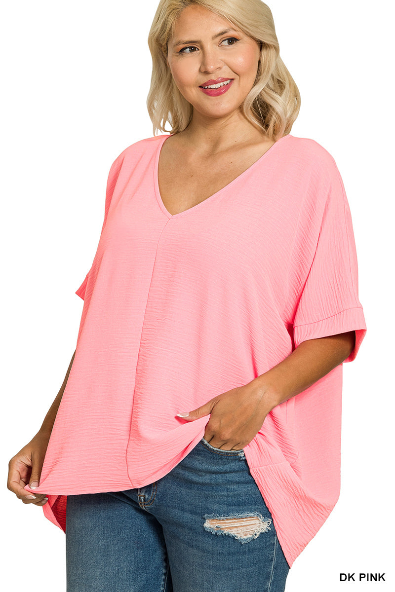Plus Size woven airflow v-neck dolman short sleeve top