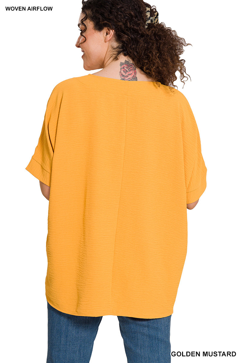 Plus Size woven airflow v-neck dolman short sleeve top