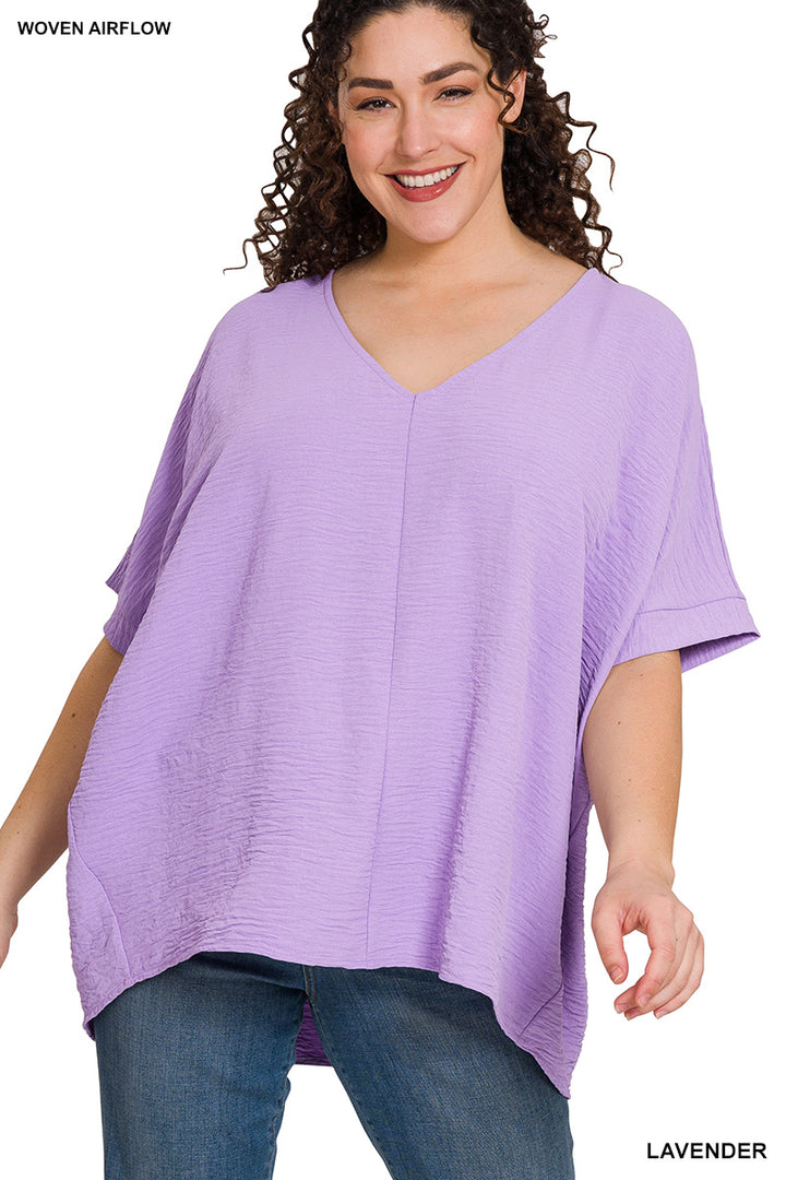 Plus Size woven airflow v-neck dolman short sleeve top