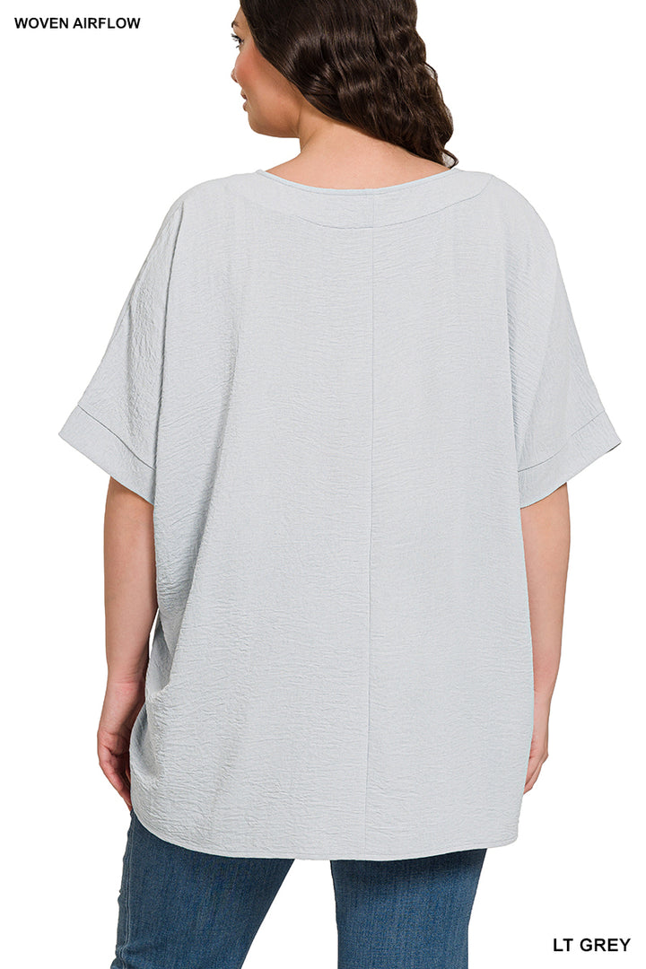 Plus Size woven airflow v-neck dolman short sleeve top
