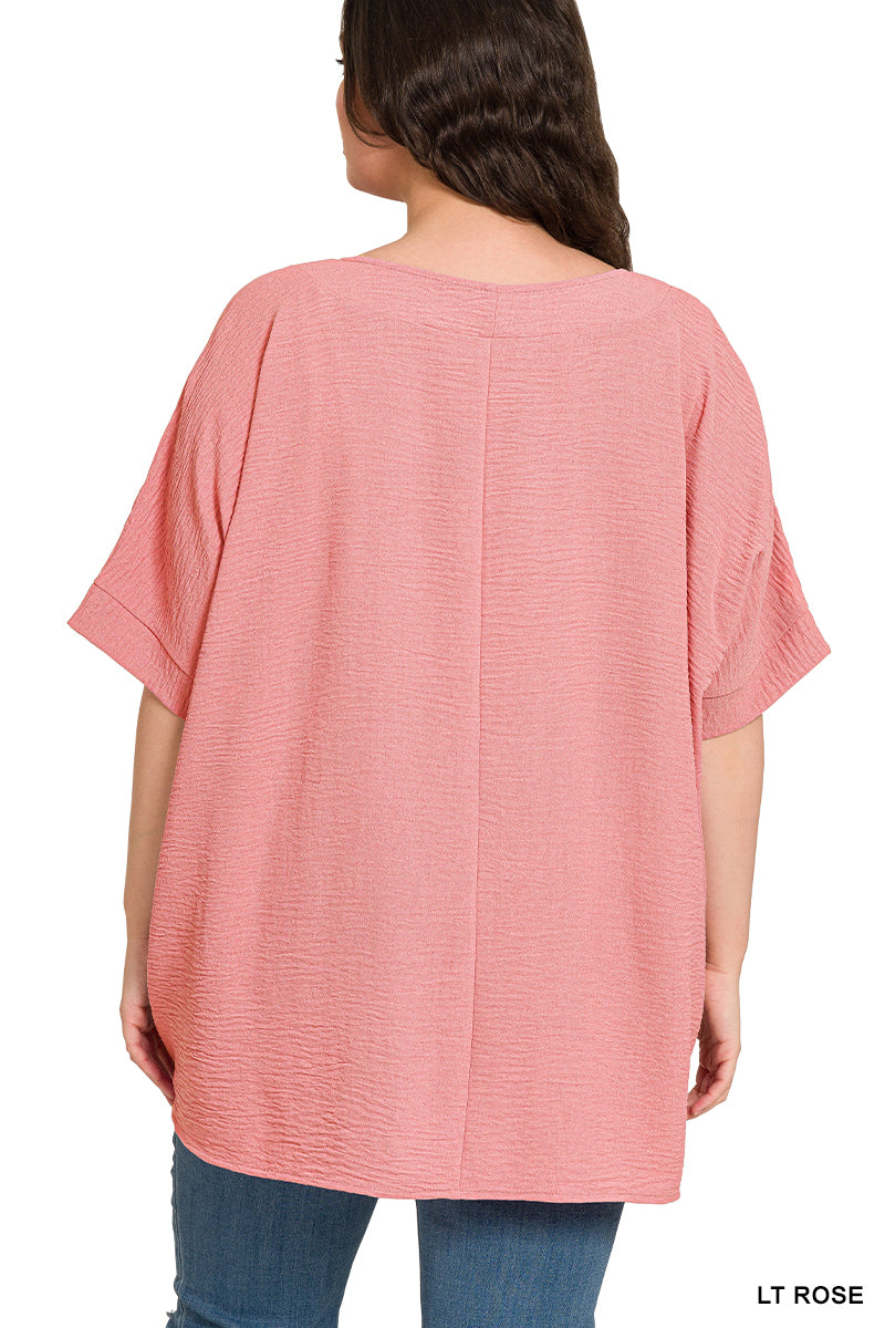 Plus Size woven airflow v-neck dolman short sleeve top