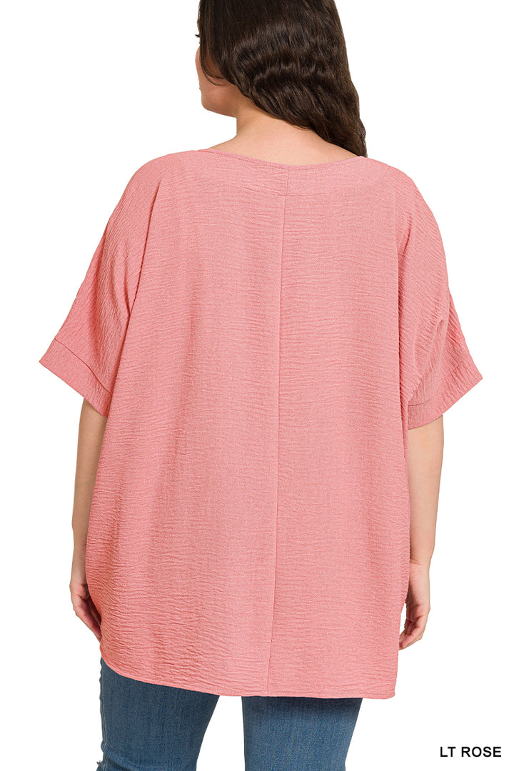 Plus Size woven airflow v-neck dolman short sleeve top