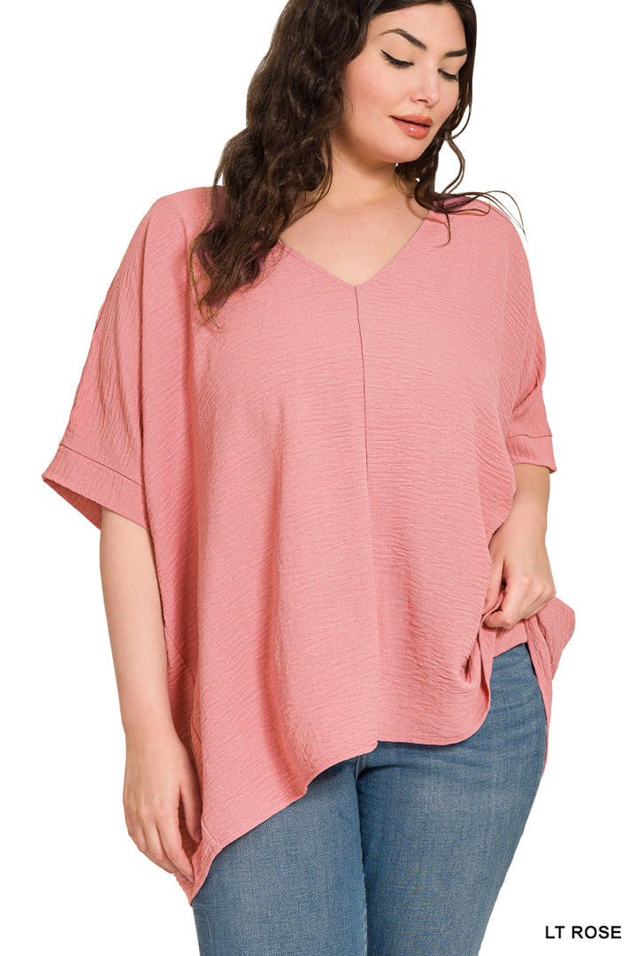 Plus Size woven airflow v-neck dolman short sleeve top
