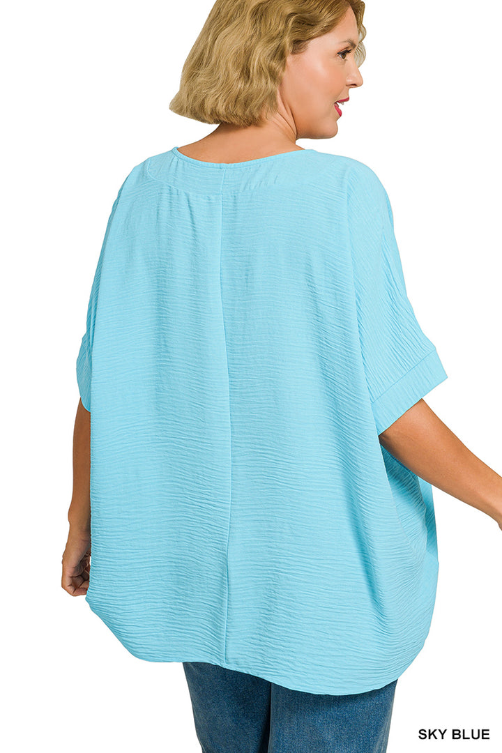 Plus Size woven airflow v-neck dolman short sleeve top