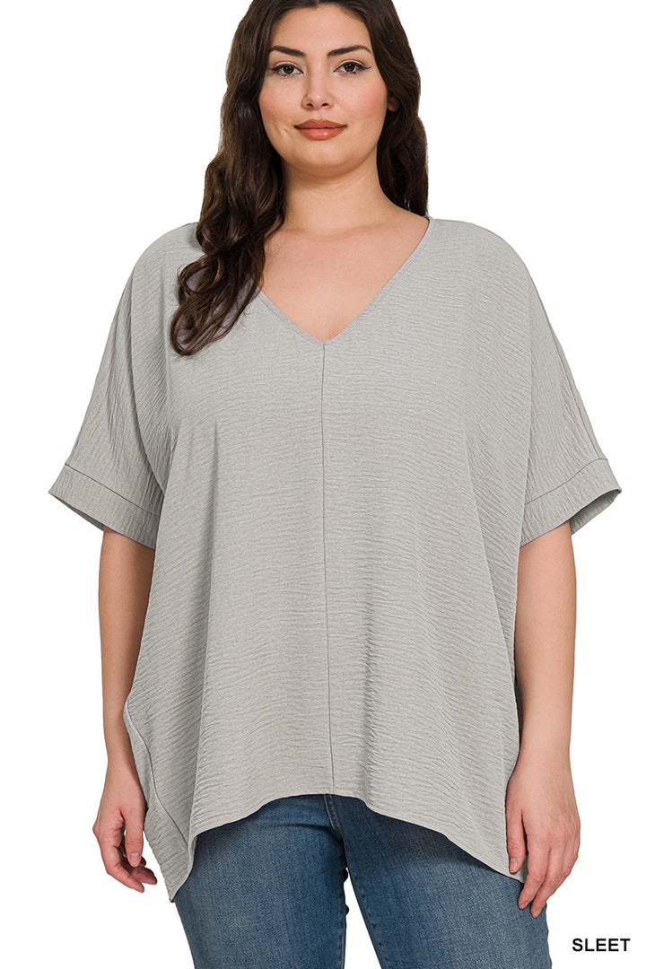 Plus Size woven airflow v-neck dolman short sleeve top