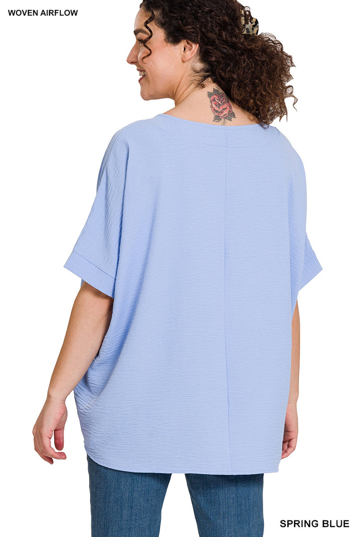 Plus Size woven airflow v-neck dolman short sleeve top