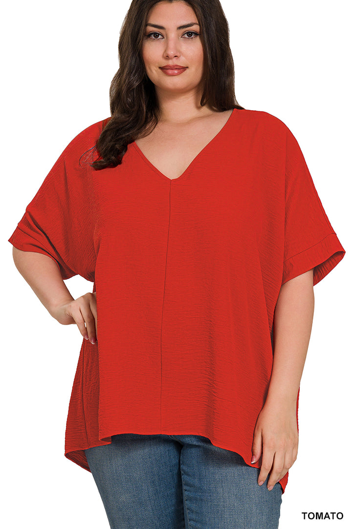 Plus Size woven airflow v-neck dolman short sleeve top