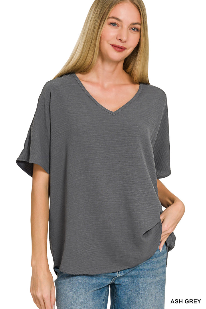 Woven airflow v-neck short sleeve top
