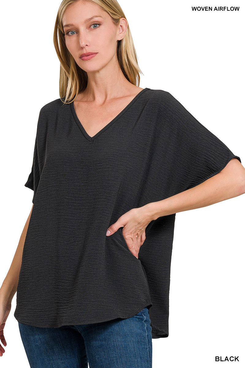 Woven airflow v-neck short sleeve top