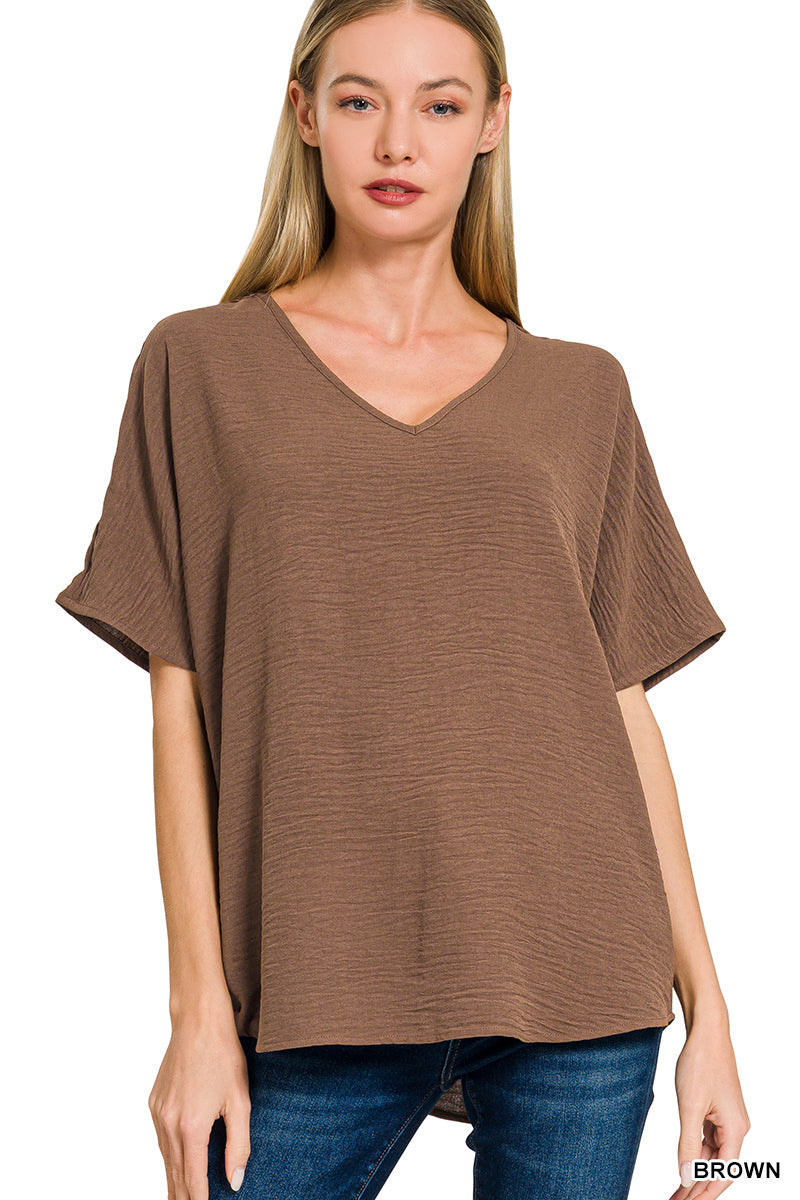 Woven airflow v-neck short sleeve top
