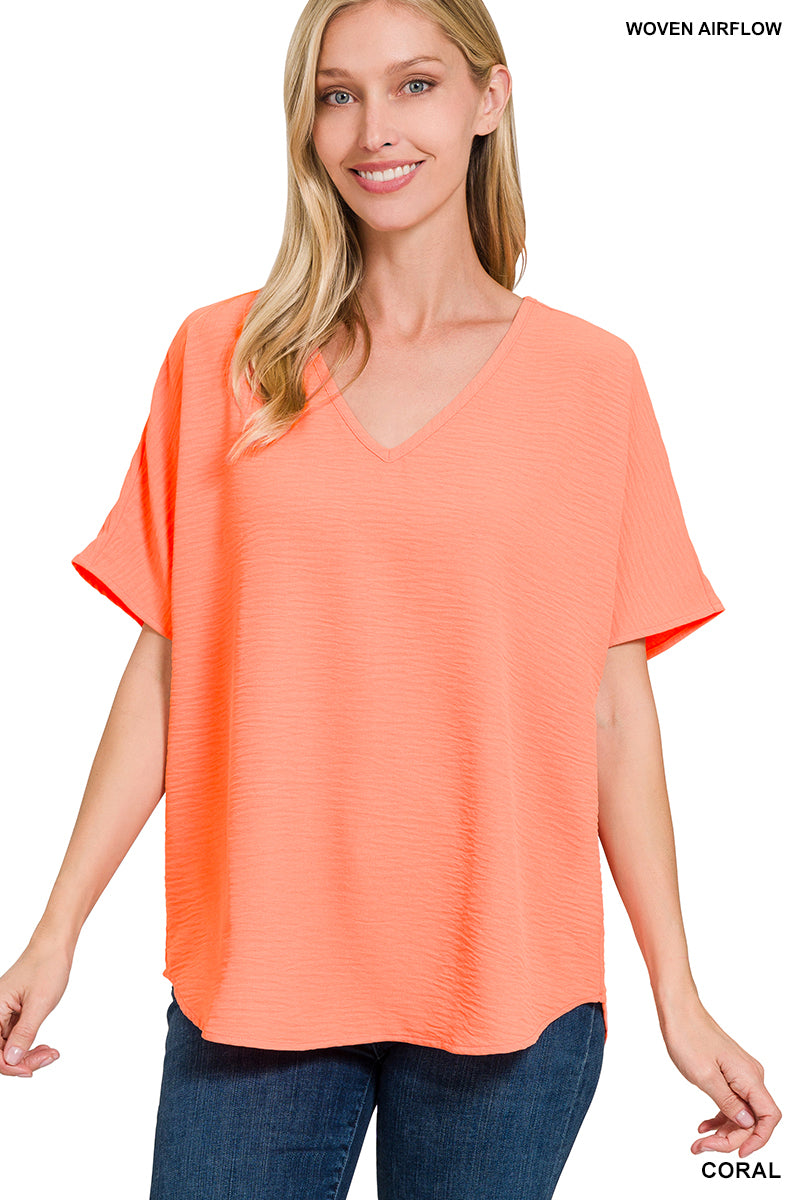 Woven airflow v-neck short sleeve top