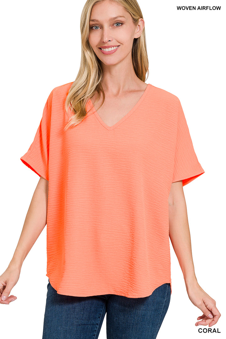 Woven airflow v-neck short sleeve top