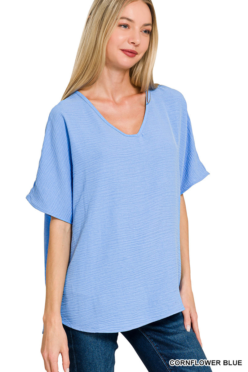 Woven airflow v-neck short sleeve top