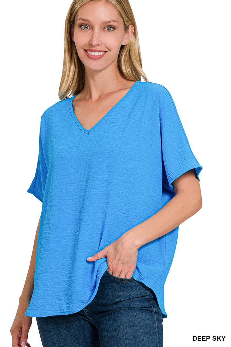 Woven airflow v-neck short sleeve top