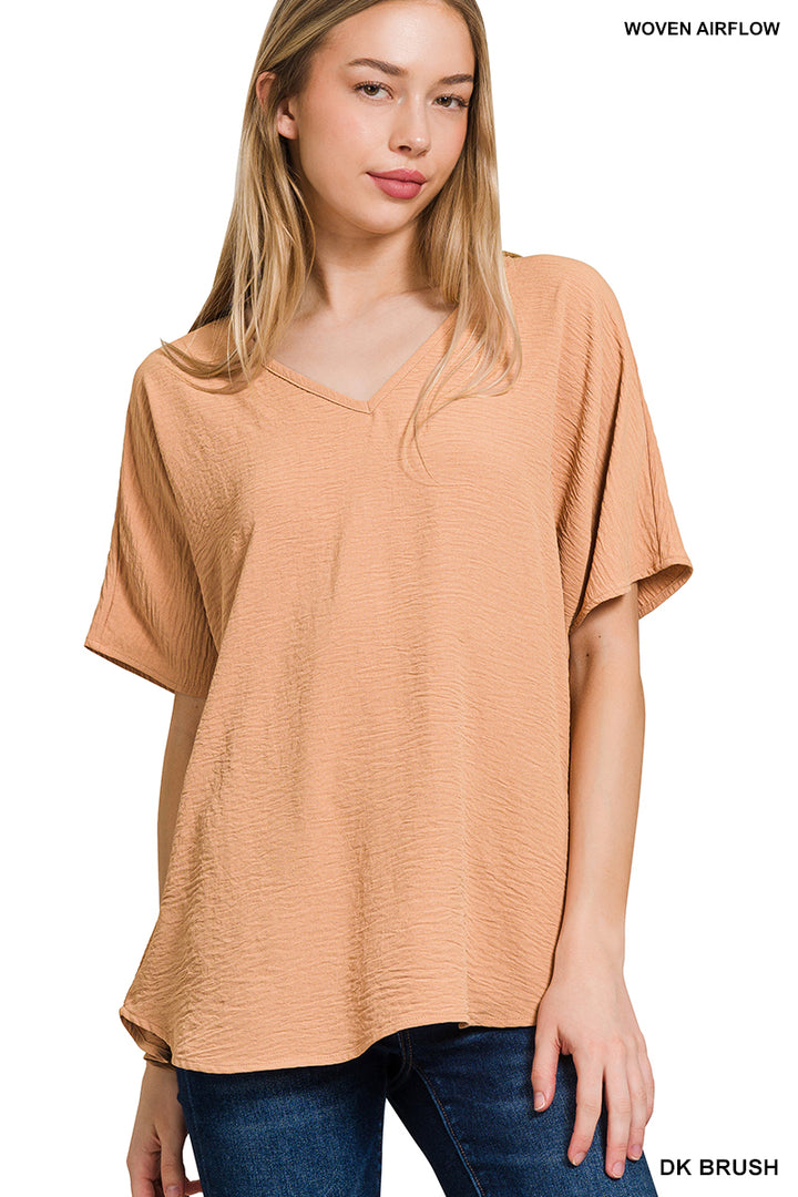 Woven airflow v-neck short sleeve top