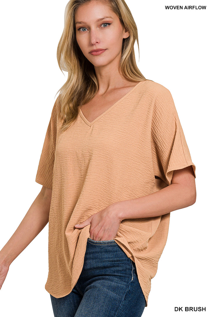 Woven airflow v-neck short sleeve top