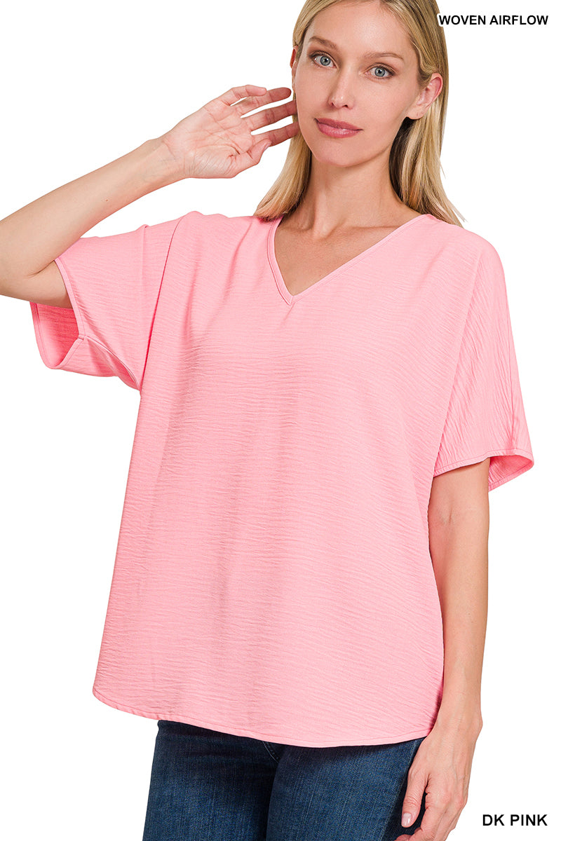 Woven airflow v-neck short sleeve top