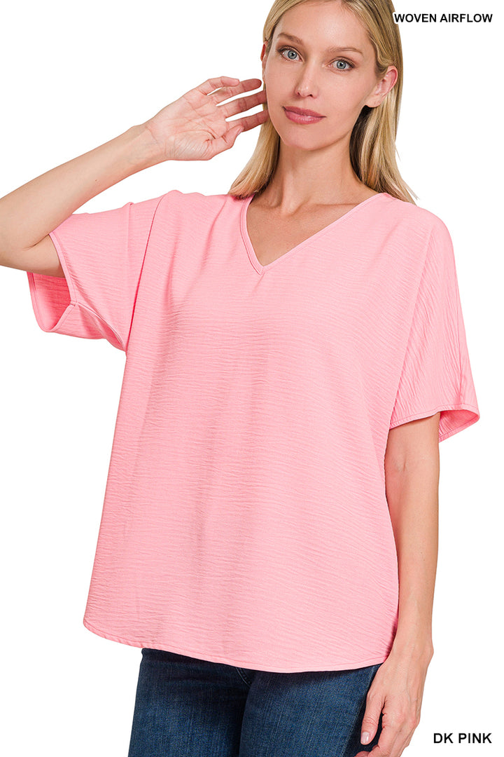 Woven airflow v-neck short sleeve top