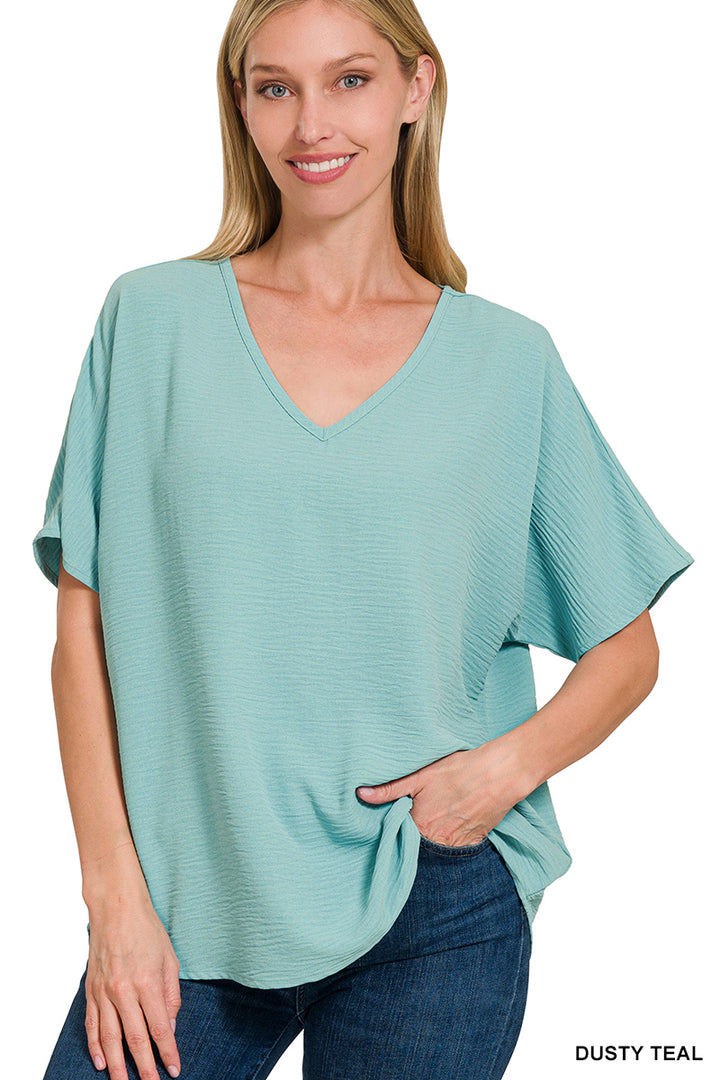 Woven airflow v-neck short sleeve top