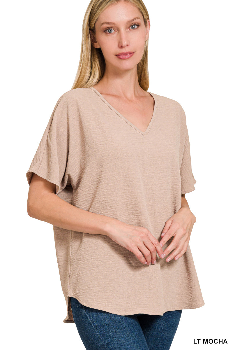 Woven airflow v-neck short sleeve top