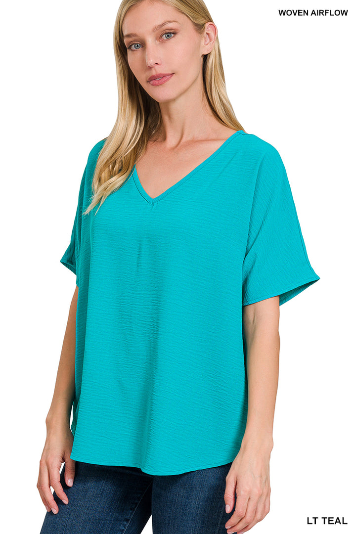 Woven airflow v-neck short sleeve top