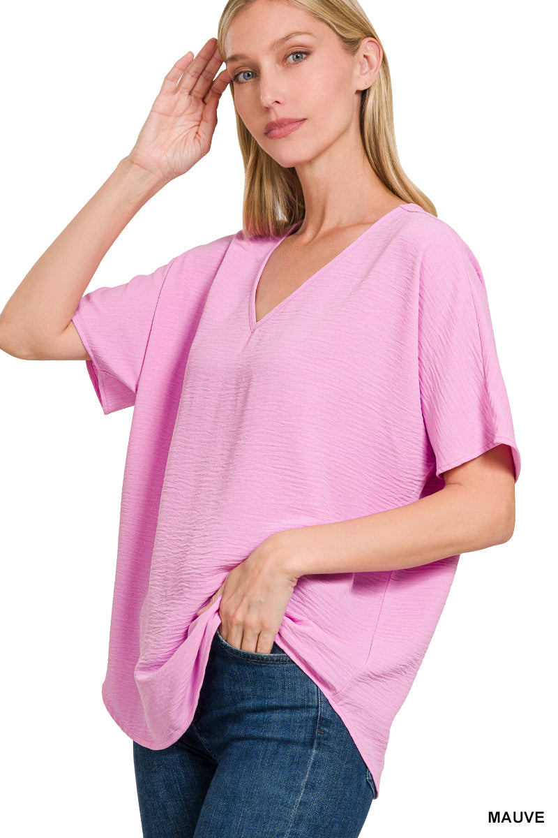 Woven airflow v-neck short sleeve top