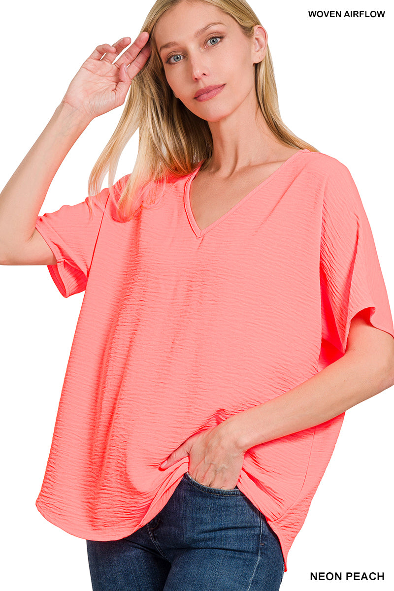 Woven airflow v-neck short sleeve top