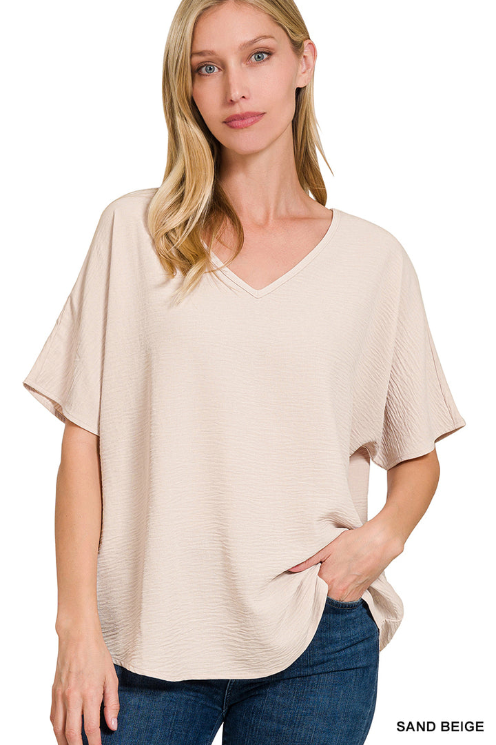 Woven airflow v-neck short sleeve top