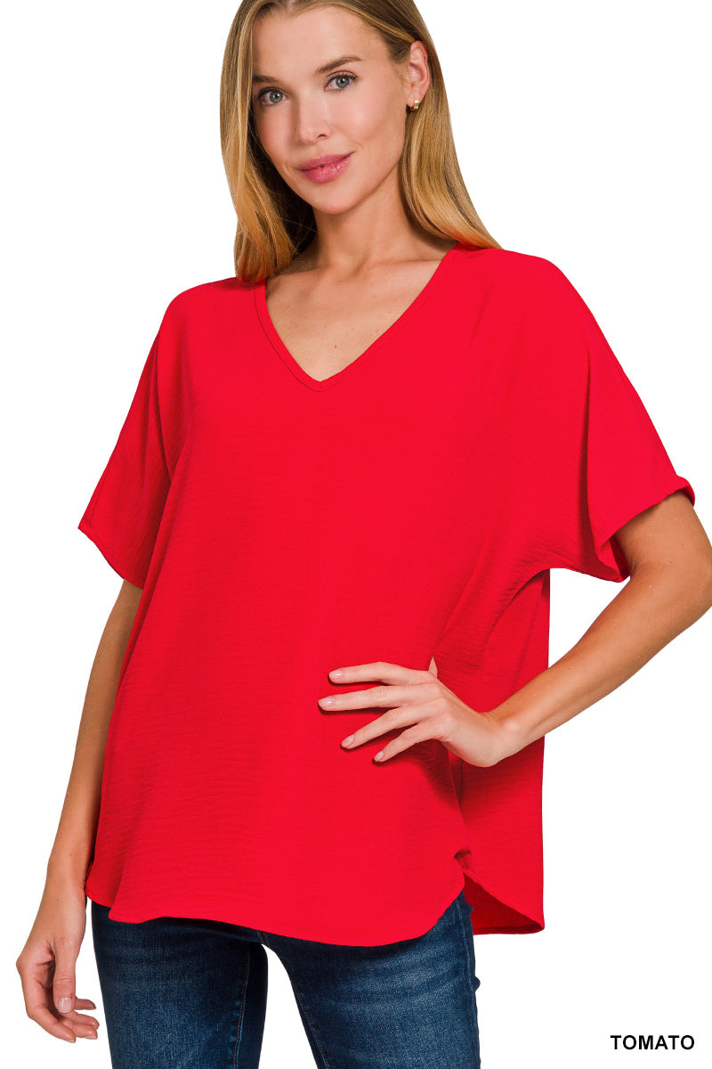 Woven airflow v-neck short sleeve top