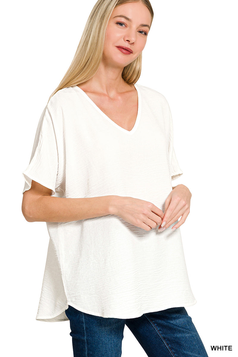 Woven airflow v-neck short sleeve top