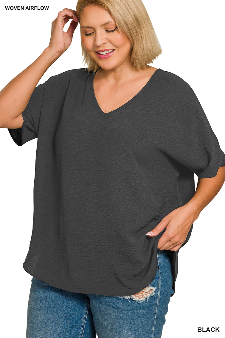 Plus Size woven airflow v-neck short sleeve top