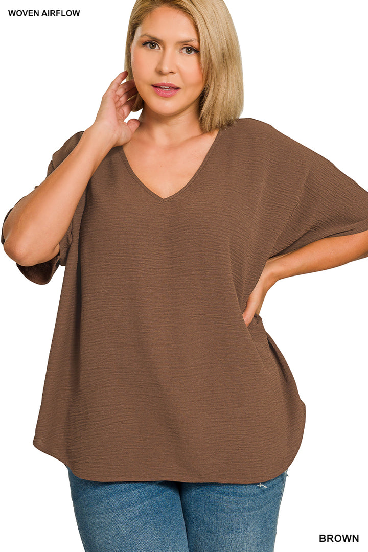 Plus Size woven airflow v-neck short sleeve top